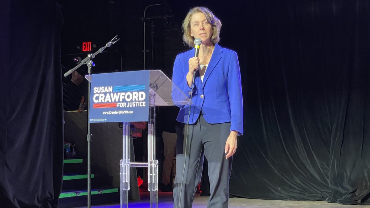Judge Susan Crawford, the liberal-leaning candidate in Wisconsin's supreme court election, speaks at a rally on March 31, 2025 in Madison, Wisconsin.