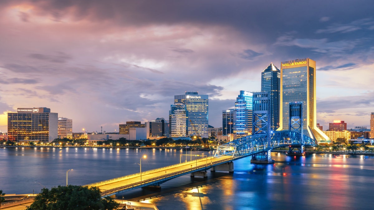 This is a view of downtown Jacksonville, Florida, at dusk as it looked in 2022.