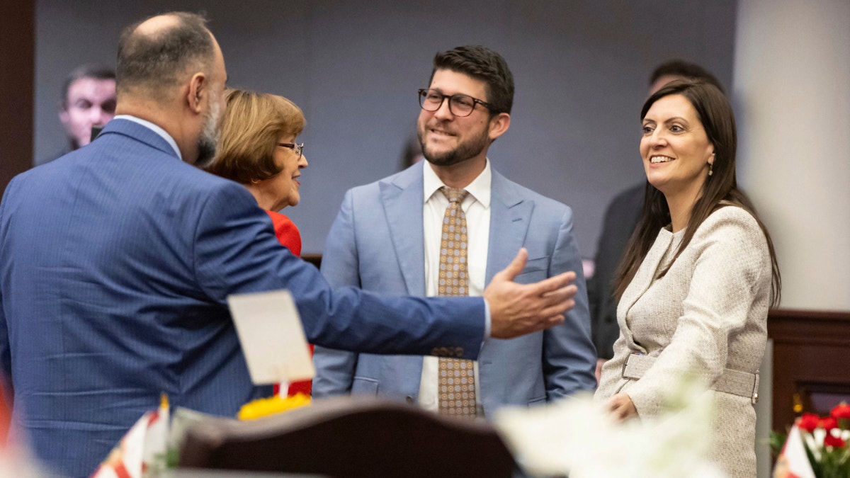 Florida Attorney General James Uthmeier and former Lt. Gov. Jeanette Nuñez attend the first day of the legislative session at the Florida State Capitol on Tuesday, March 4, 2025, in Tallahassee, Florida. (Matias J. Ocner/Miami Herald/Tribune News Service via Getty Images)