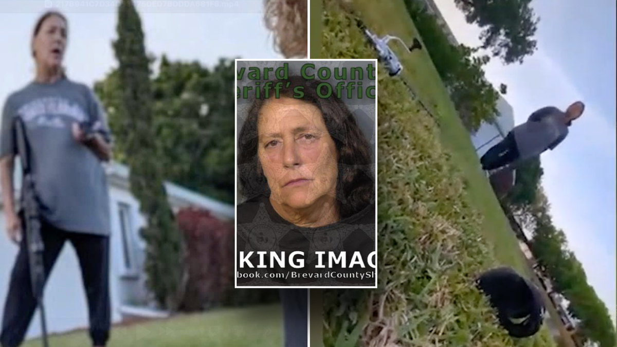 This image compilation shows Donna Elkins holding a long pellet gun alongside a mugshot where she's wearing a black robe and is emotionless.