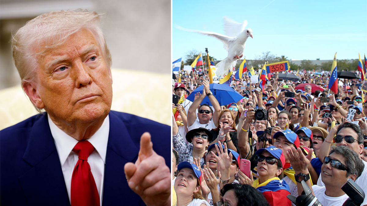 Trump pointing, left; Venezuelan rally, right