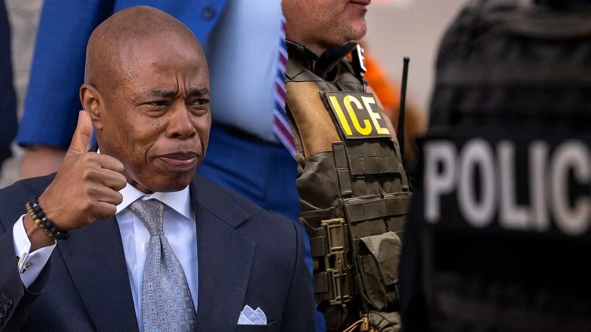 Mayor Eric Adams, left; ICE, police, right