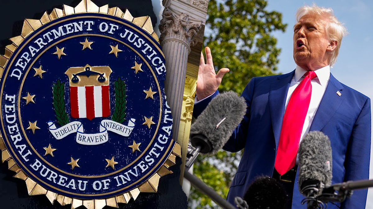 DOJ seal, left; President Trump, right