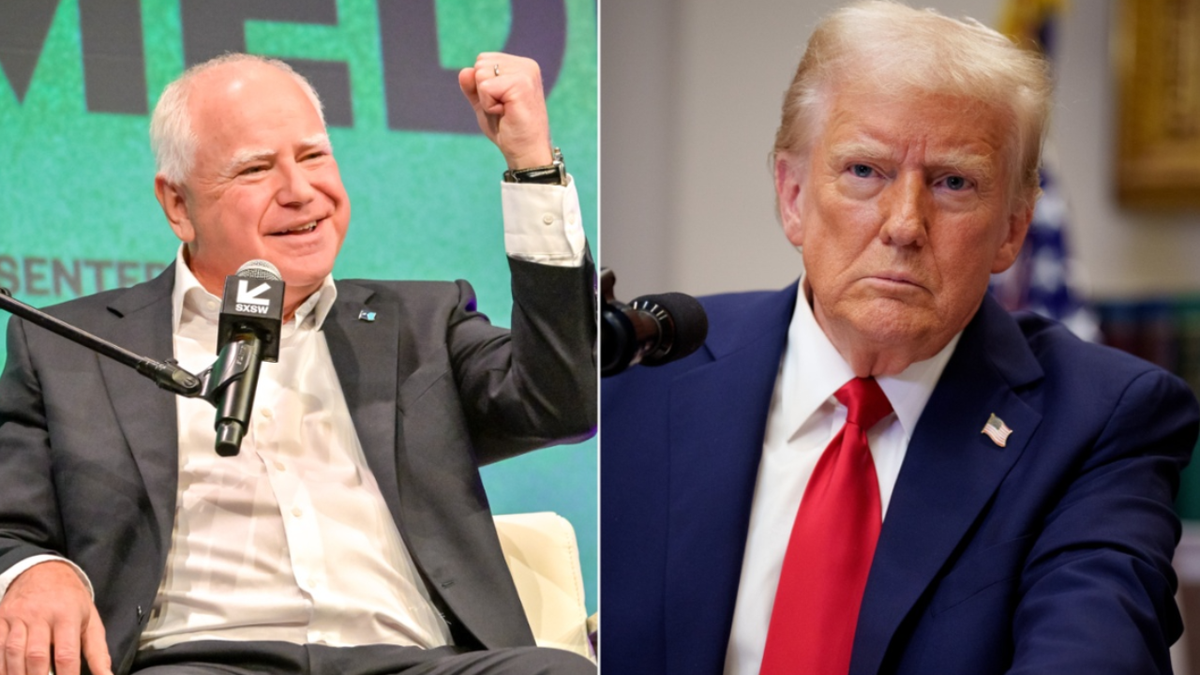 tim Walz, left; Donald Trump, right