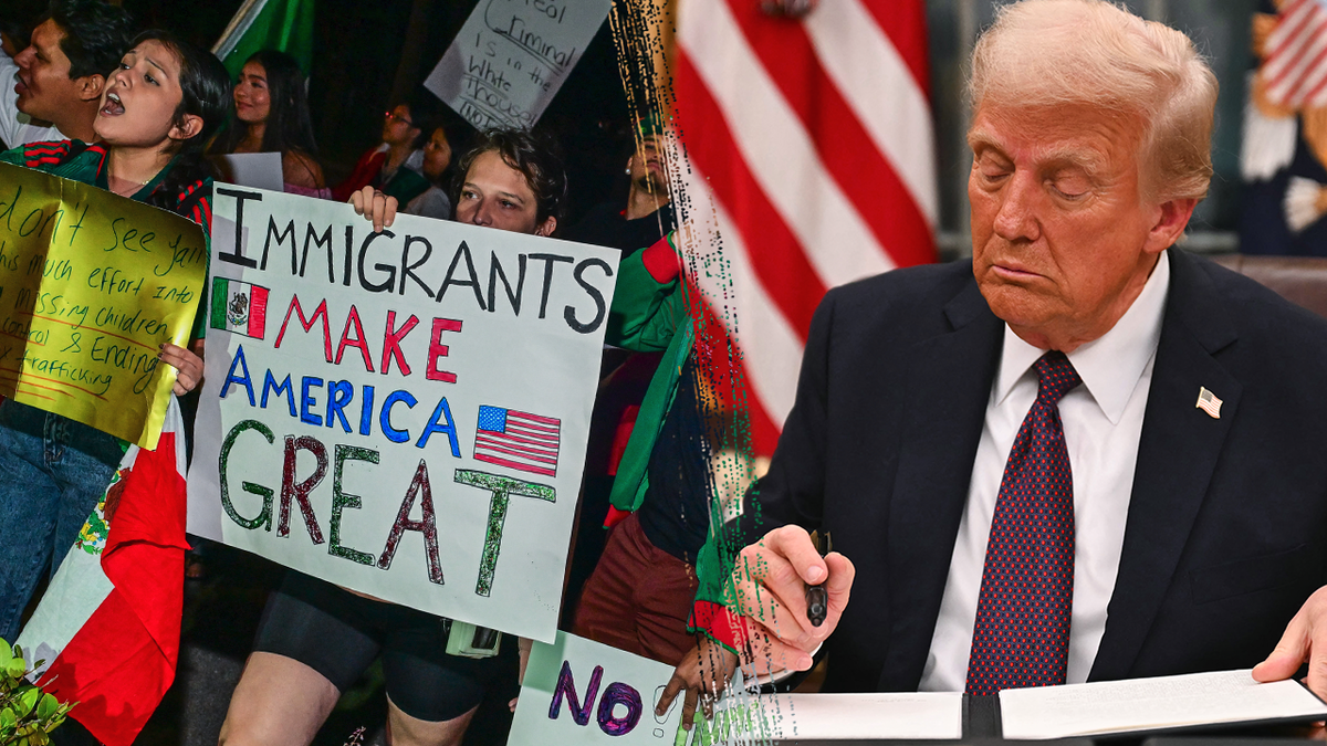 protesters, left; Trump, right