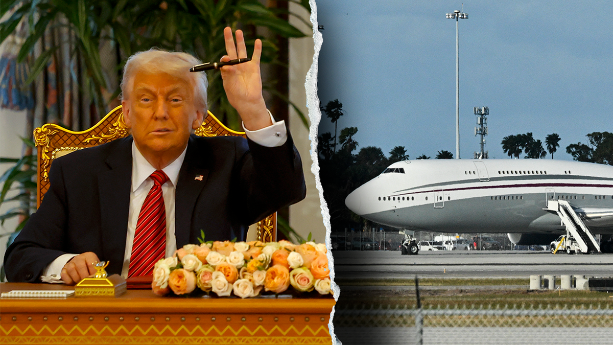 Trump at desk with pen; Qatari jet