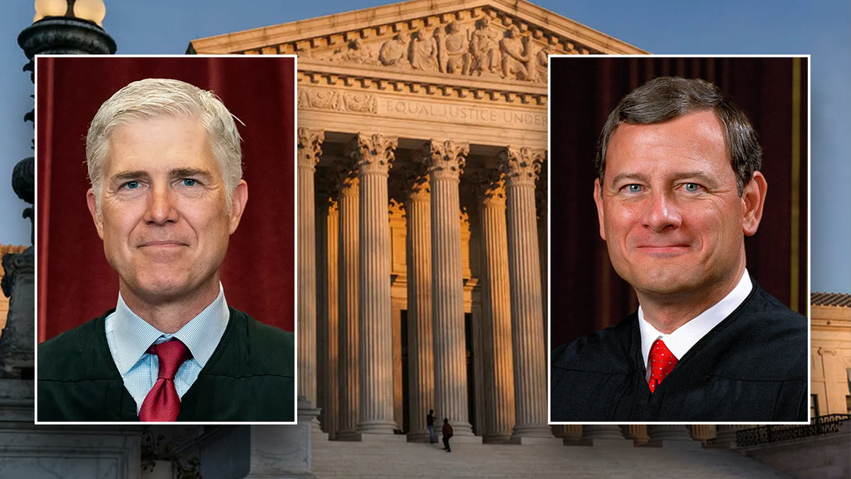 Justices Gorsuch and John Roberts. Photo credit via the Supreme Court and Associated Press.
