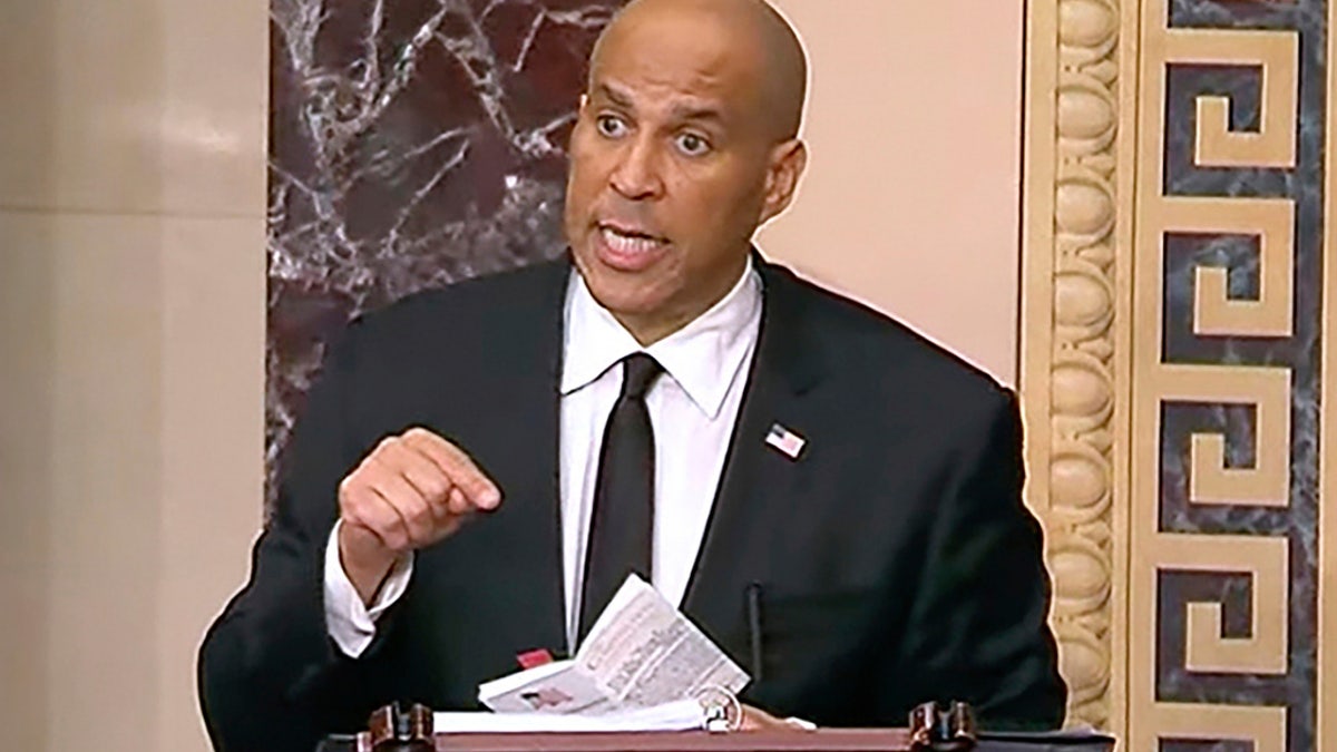 In this image provided by Senate Television, Sen, Cory Booker, D-N.J. speaks on the Senate floor, Tuesday morning, April 1, 2025.