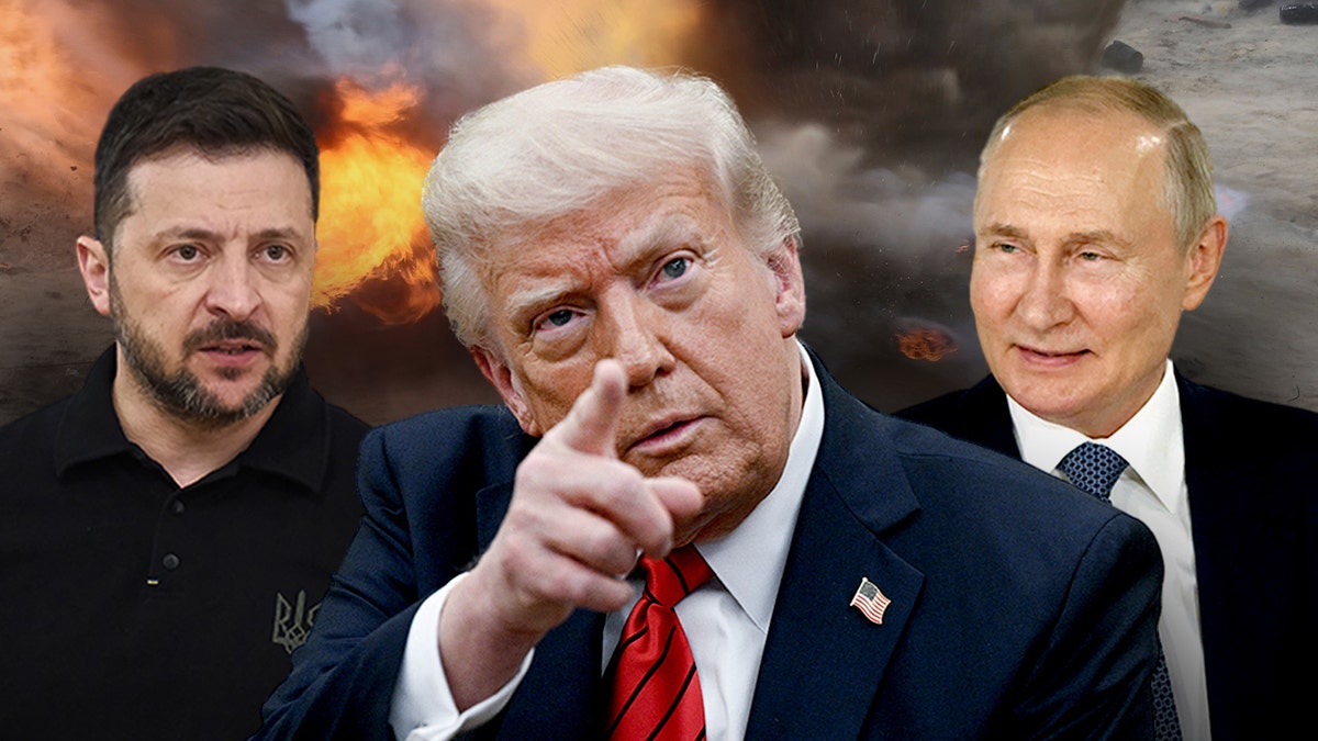 Trump center, with Zelenskyy left, Putin right