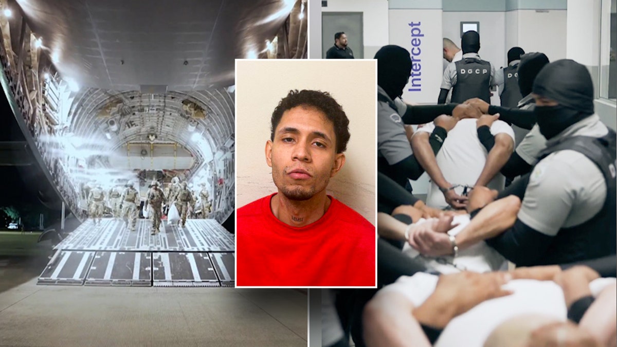 split image of gang member mugshot and deportation flight and prison inmates