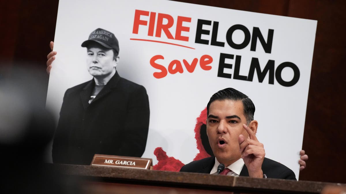 U.S. Rep. Robert Garcia (D-CA) speaks in front of poster of Tesla and SpaceX CEO Elon Musk during a House Oversight and Government Reform Committee hearing at the U.S. Capitol on March 26, 2025 in Washington, DC.