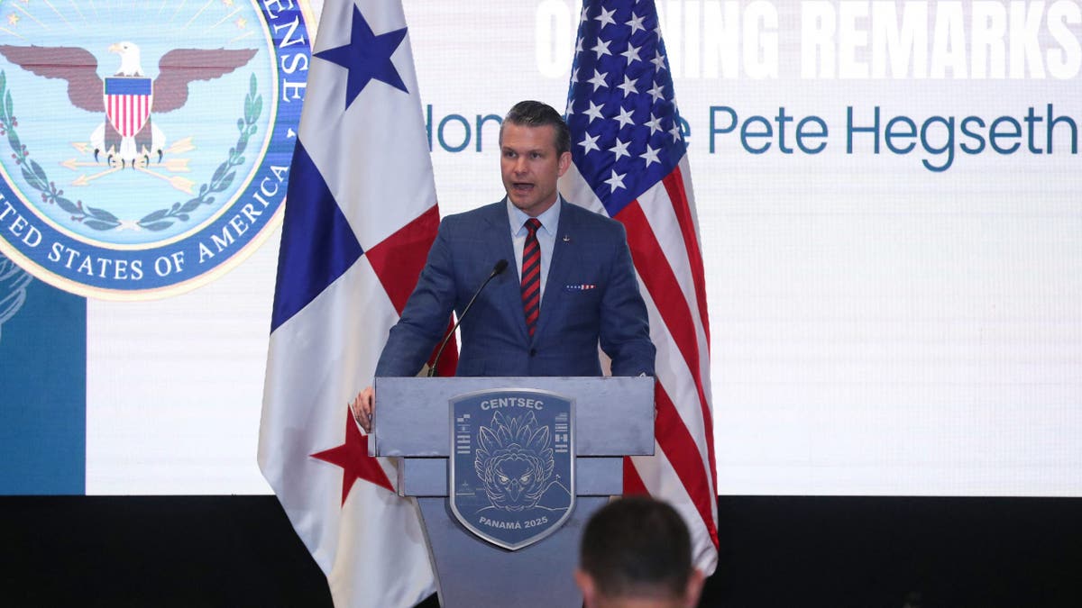 U.S. Secretary of Defense Pete Hegseth addresses the audience, in Panama City, Panama April 9, 2025.