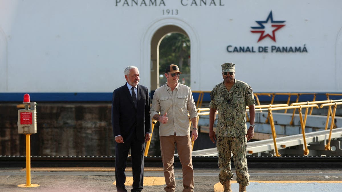 U.S. Secretary of Defense Pete Hegseth, Panama Canal Authority Administrator Ricaurte Vasquez, and Commander of the U.S. Southern Command Adm. Alvin Holsey pose during a tour of the Miraflores locks, in Panama City, Panama April 8, 2025.