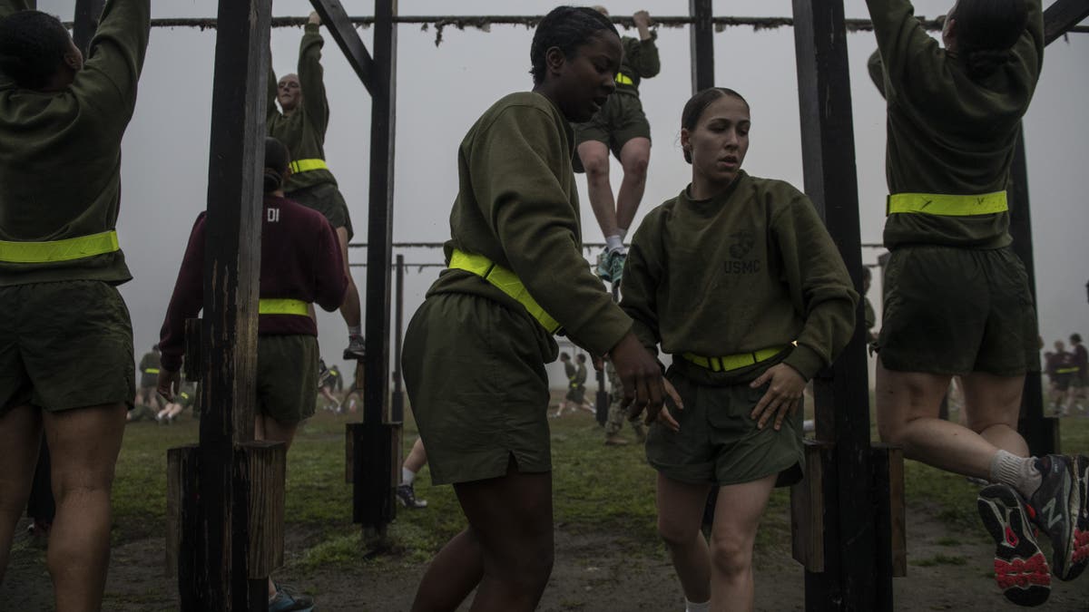 Recruits do early morning physical fitness before dawn on February 21, 2019 at the Marine Corps Recruit Depot in Parris Island, South Carolina