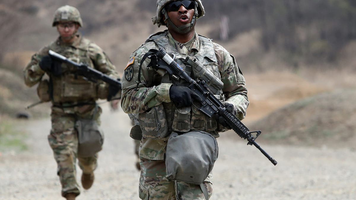 POCHEON, SOUTH KOREA - APRIL 16: U.S. soldiers from 2nd Infantry Division take part in the Best Warrior Competition at the Rodriguez Range on April 16, 2019 in Pocheon, South Korea