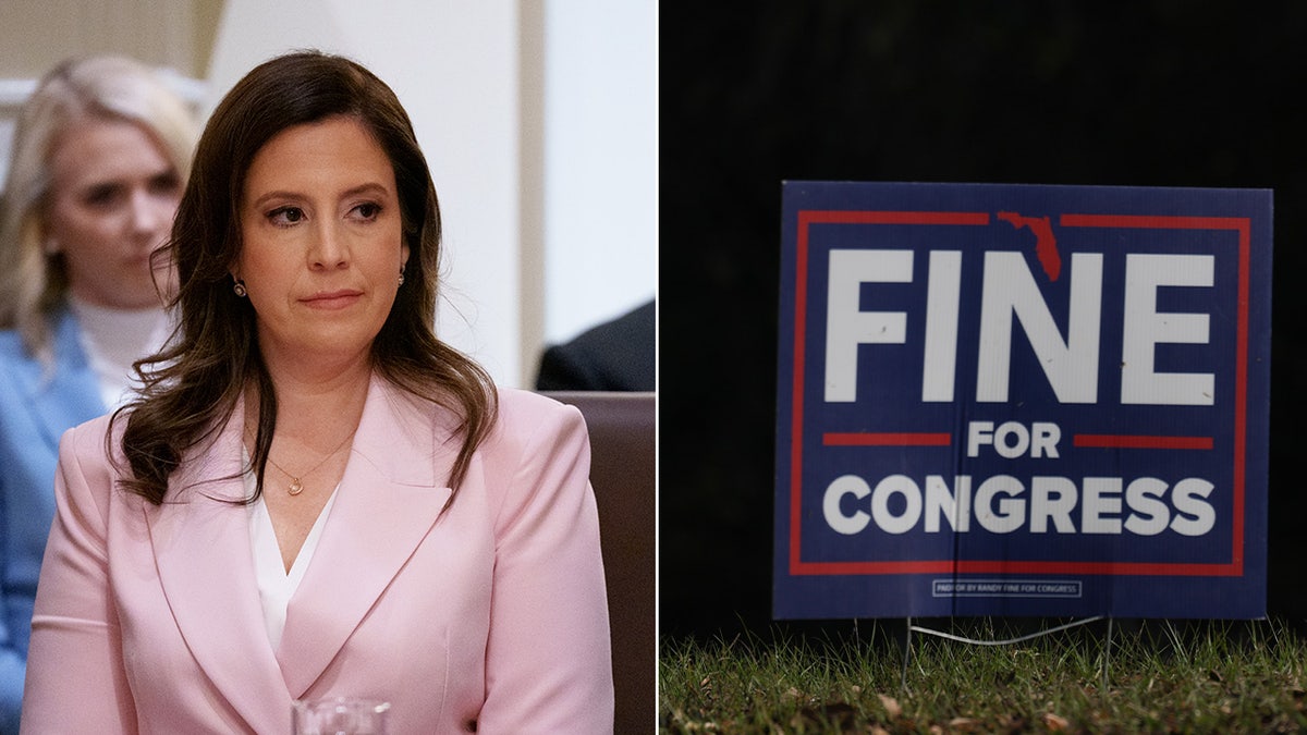 Elise Stefanik next to a sign to elect Randy Fine