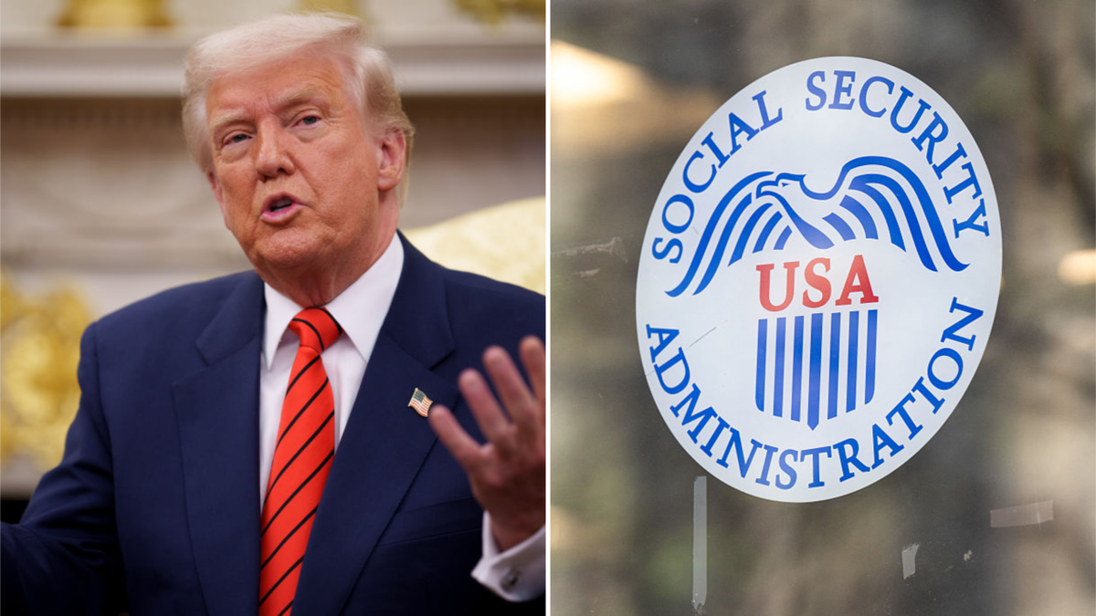 Trump closeup shot; social security logo