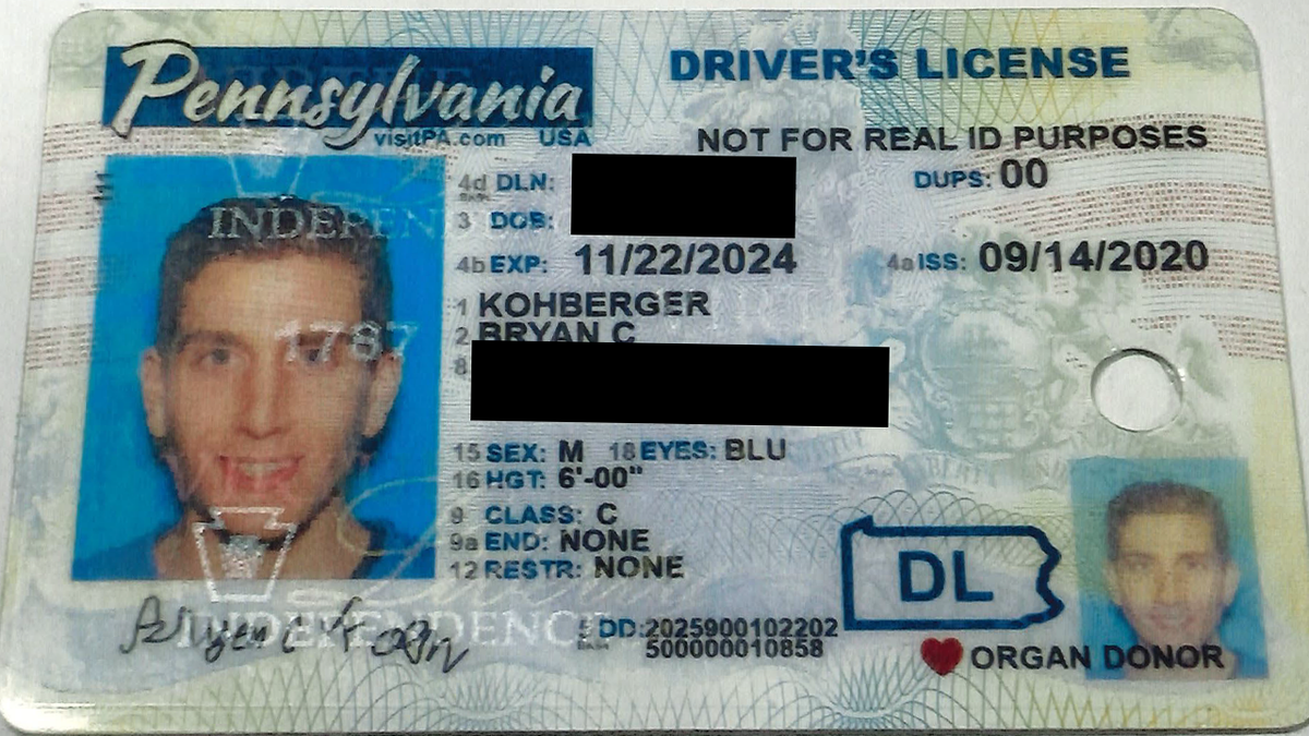 A Pennsylvania driver's license for Bryan Kohberger