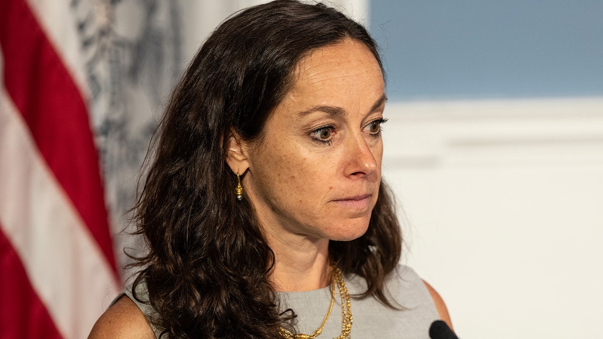 Deputy Commissioner Intelligence and Counterterrorism at New York Police Department Rebecca Weiner speaking. She is wearing a grey dress.