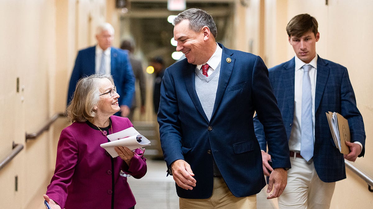 Miller-Meeks walks down Capitol hallway while speaking to Rep. Hudson