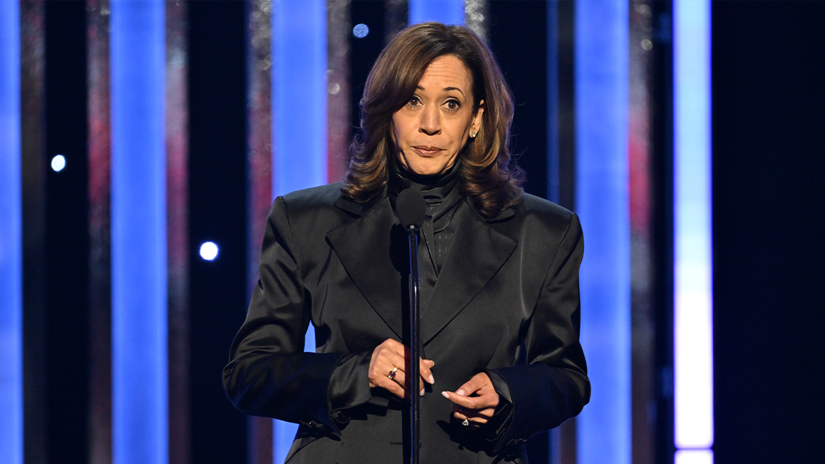 Kamala Harris at microphone