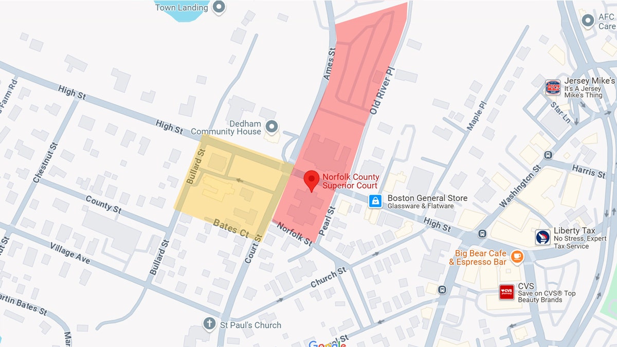 A map of Dedham, MA, showing the 'buffer zone' around the courthouse