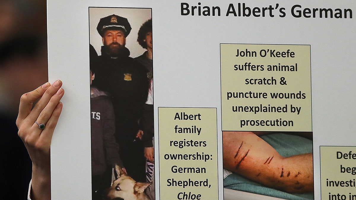 The defense for Karen Read holds up a poster board containing information they claim exonerates their client in the murder of John O'Keefe