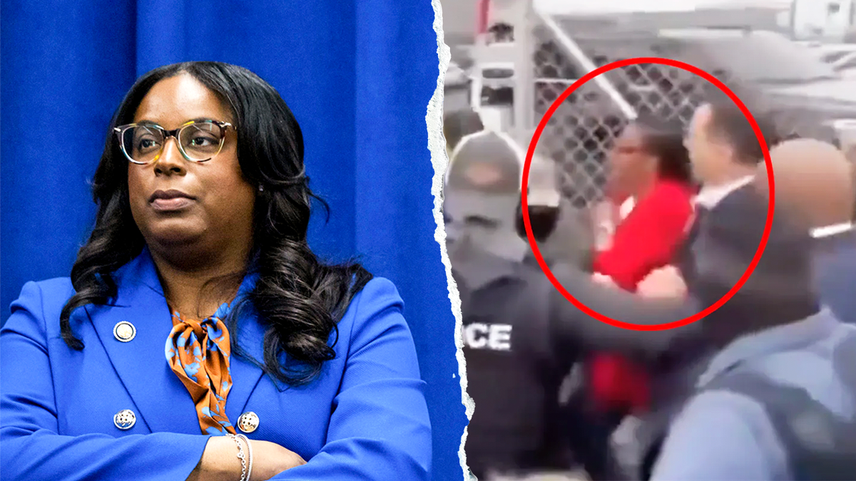 McIver, arms crossed, left; being arrested, right