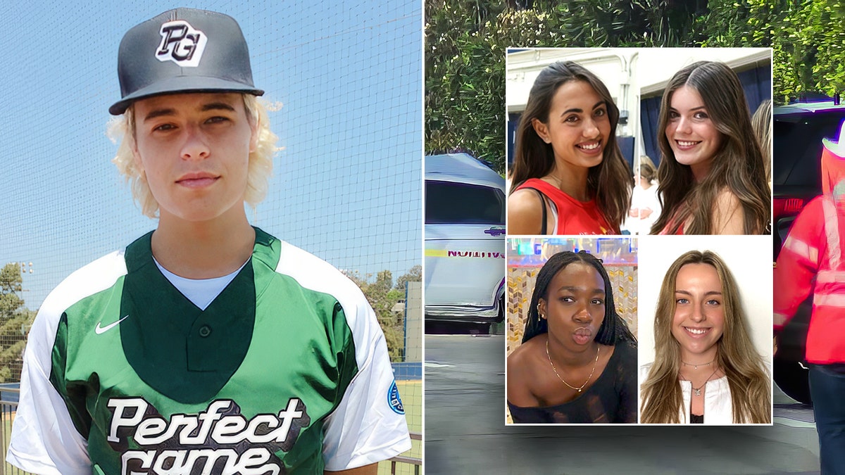 Young man in baseball uniform next to headshots of four women.