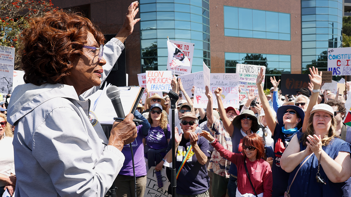Rep. Maxine Waters with microphone at rally