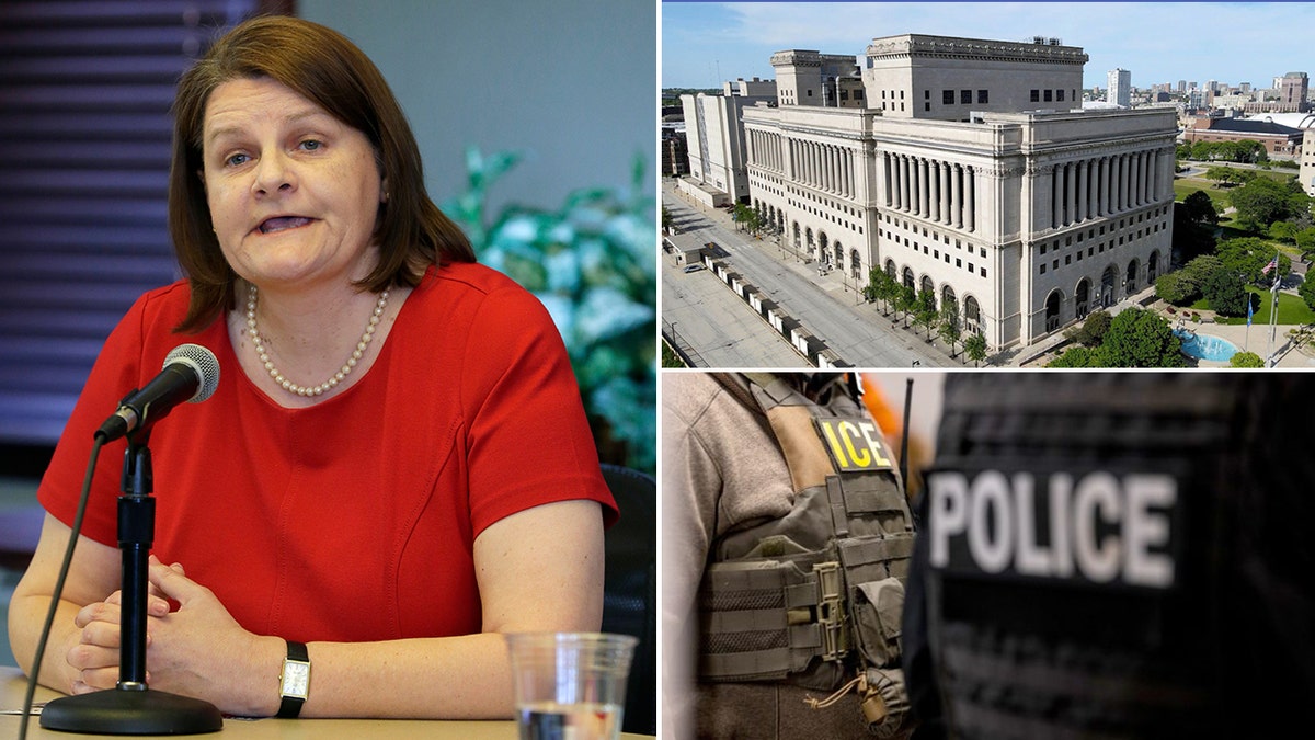 Milwaukee County Circuit Court Judge Hannah Dugan speaking, the Milwaukee County Courthouse and ICE agents