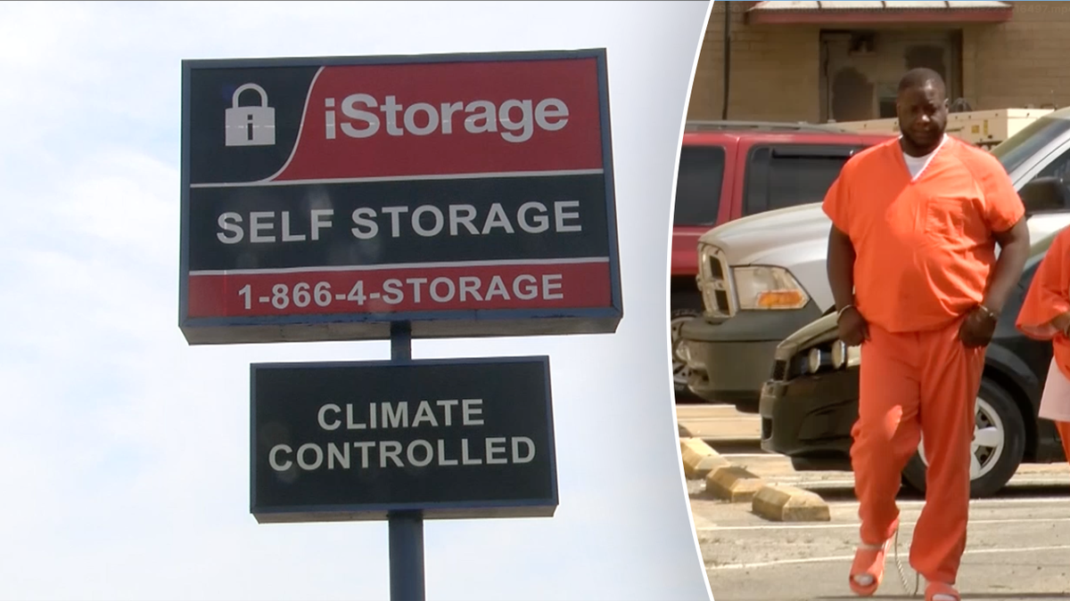 The iStorage sign in Greenville, Mississippi next to Albert Creath, who is in an orange jumpsuit.