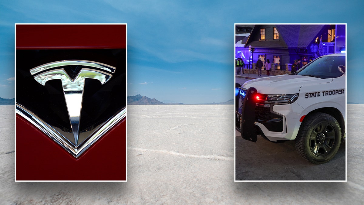 Composite image showing a close-up of a Tesla logo on a red car and a Utah State Trooper SUV with lights on, representing a police incident involving a Tesla.