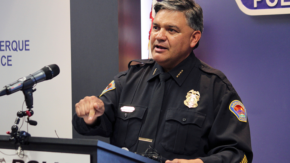 Albuquerque Police Chief Harold Medina wears his police uniform while addressing the media.