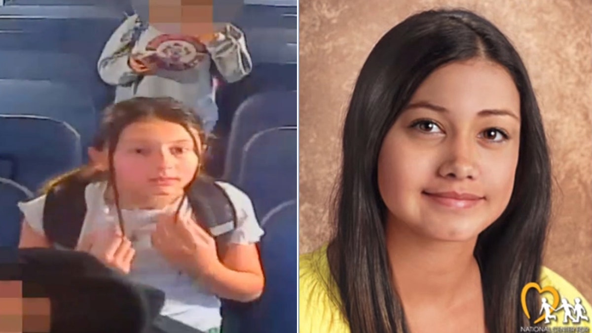 A split image of the last known photograph of Madalina Cojocari getting off a school bus in 2022 and her age-progression photo released on April 11, 2025.