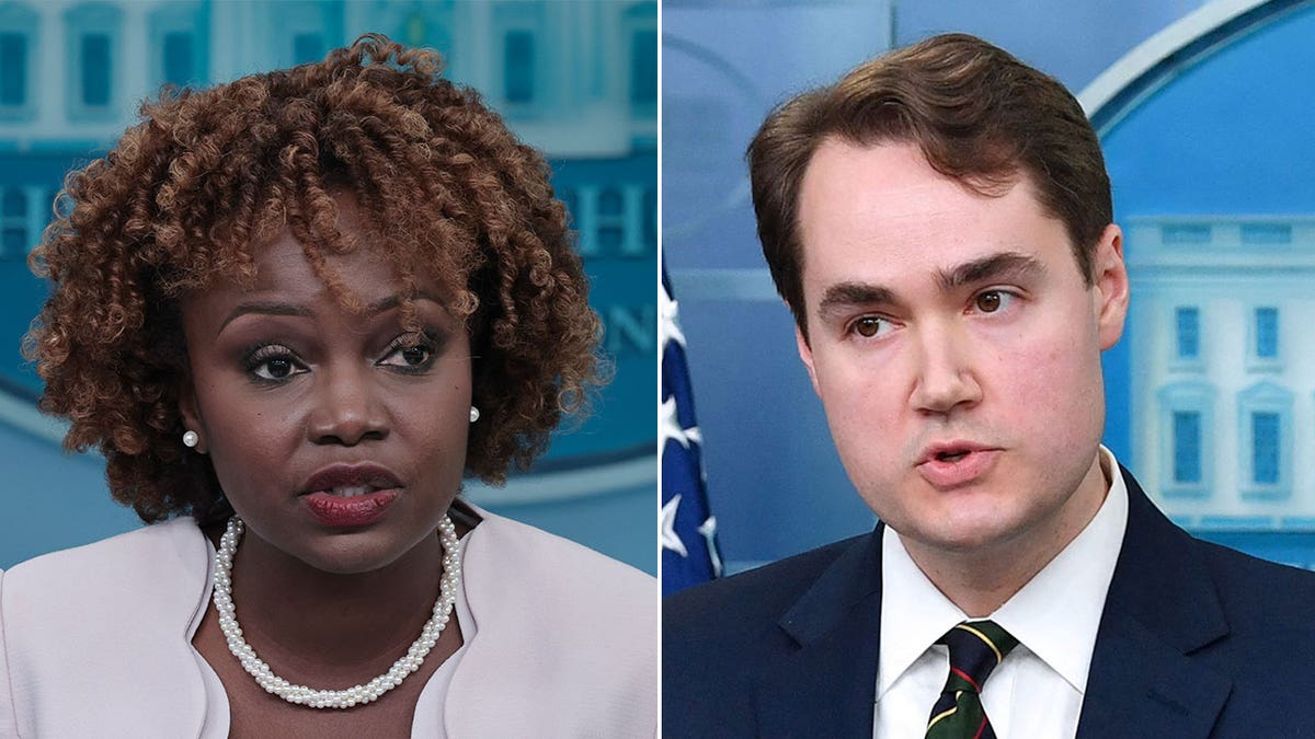 Karine Jean-Pierre wearing a light purple top and Andrew Bates wearing a suit jacket split image