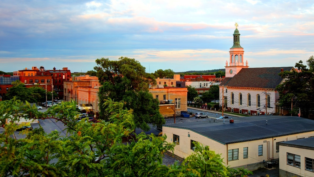 Buildings in downtown Framingham, Massachusetts, surrounded by foliage