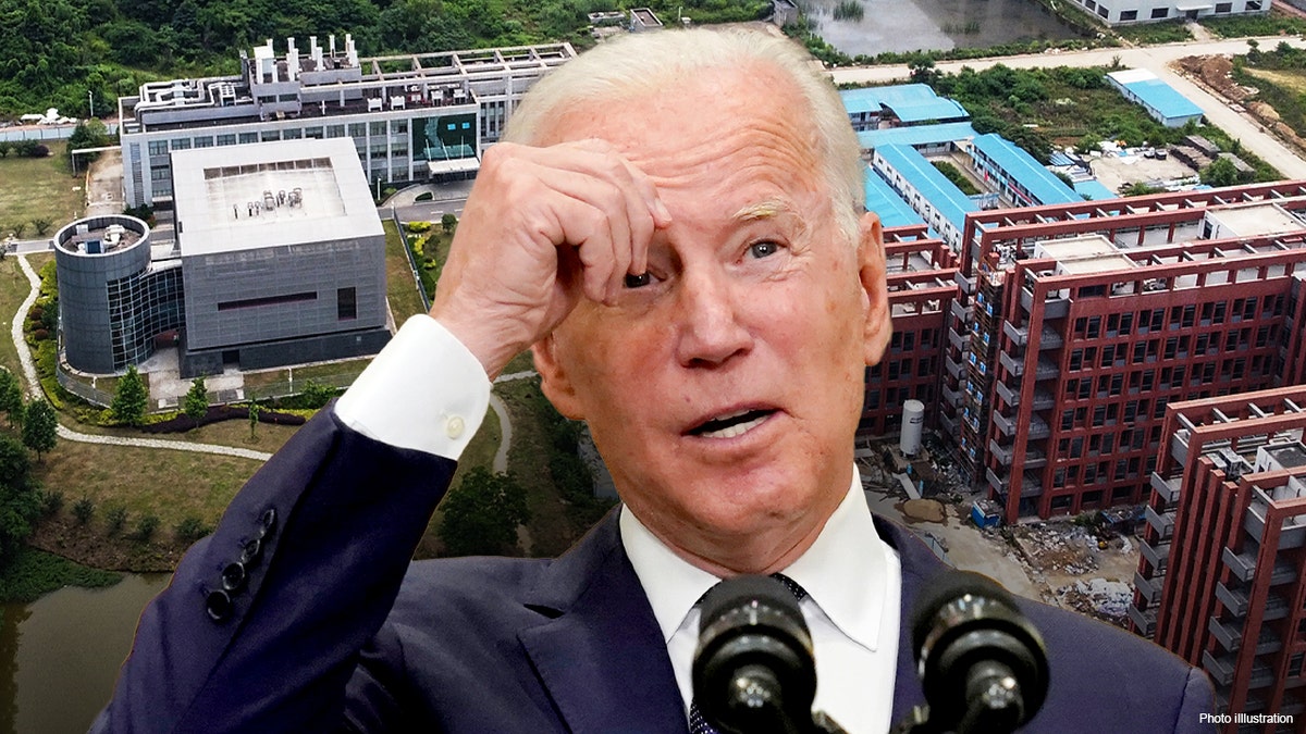 Biden touching his head with Wuhan, China lab in background