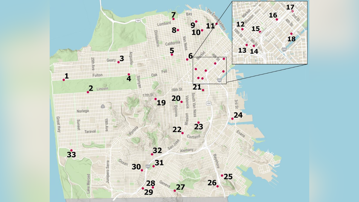 Pictured is a map of speed safety cameras that are located in San Francisco.