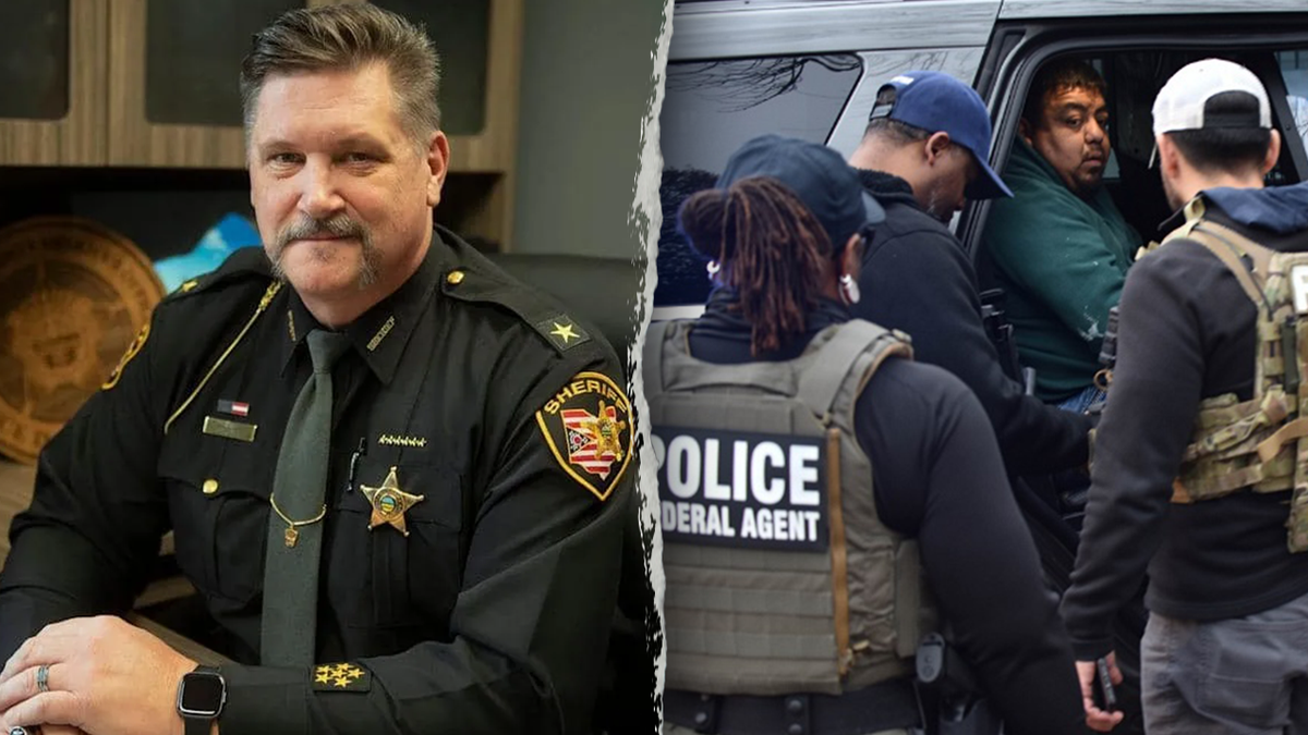 Sheriff Zuchowski, left; ICE agents with suspect, right