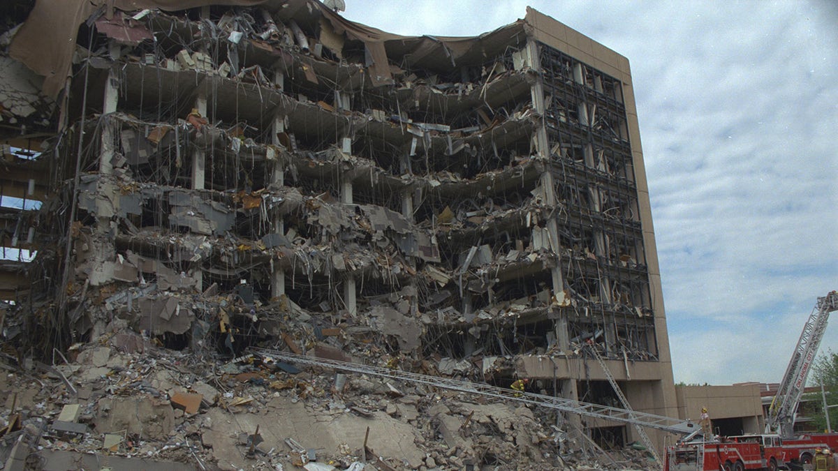 A close-up of the Oklahoma City bombing federal building.