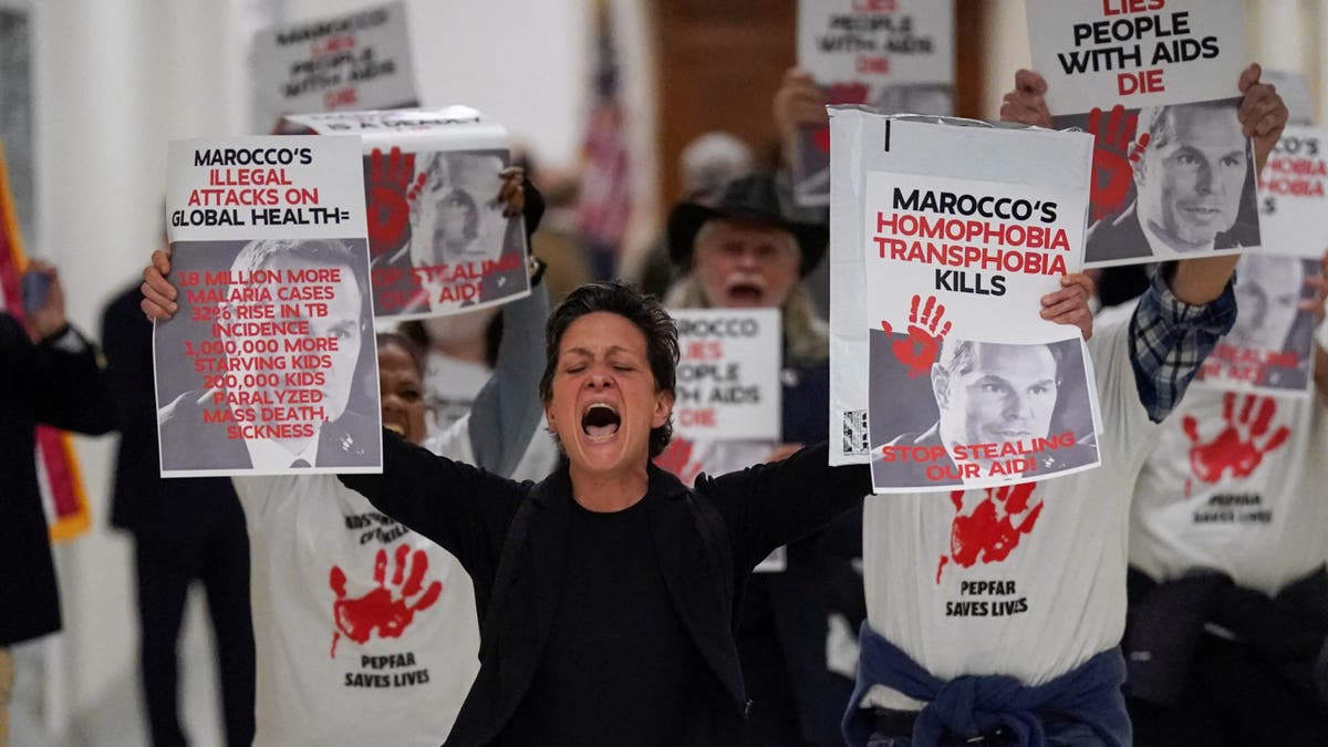 Protesters hold placards as Pete Marocco, deputy administrator-designate at the U.S. Agency for International Development (USAID), attends a meeting with members of Congress to discuss foreign assistance, on Capitol Hill in Washington, D.C., U.S. March 5, 2025