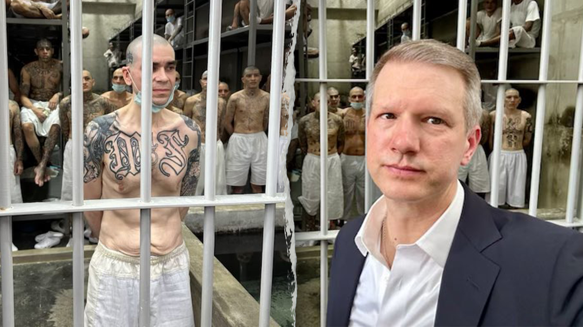 Rep. Riley Moore visits the Terrorist Confinement Center (CECOT) in El Salvador which houses some 14,000 gang members and criminals, including several hundred deported gang members from the U.S. At left, an MS-13 gang member with the letters "MS" tattooed on his chest.