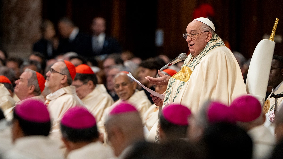 Pope Francis delivers his speech during the Holy Mass