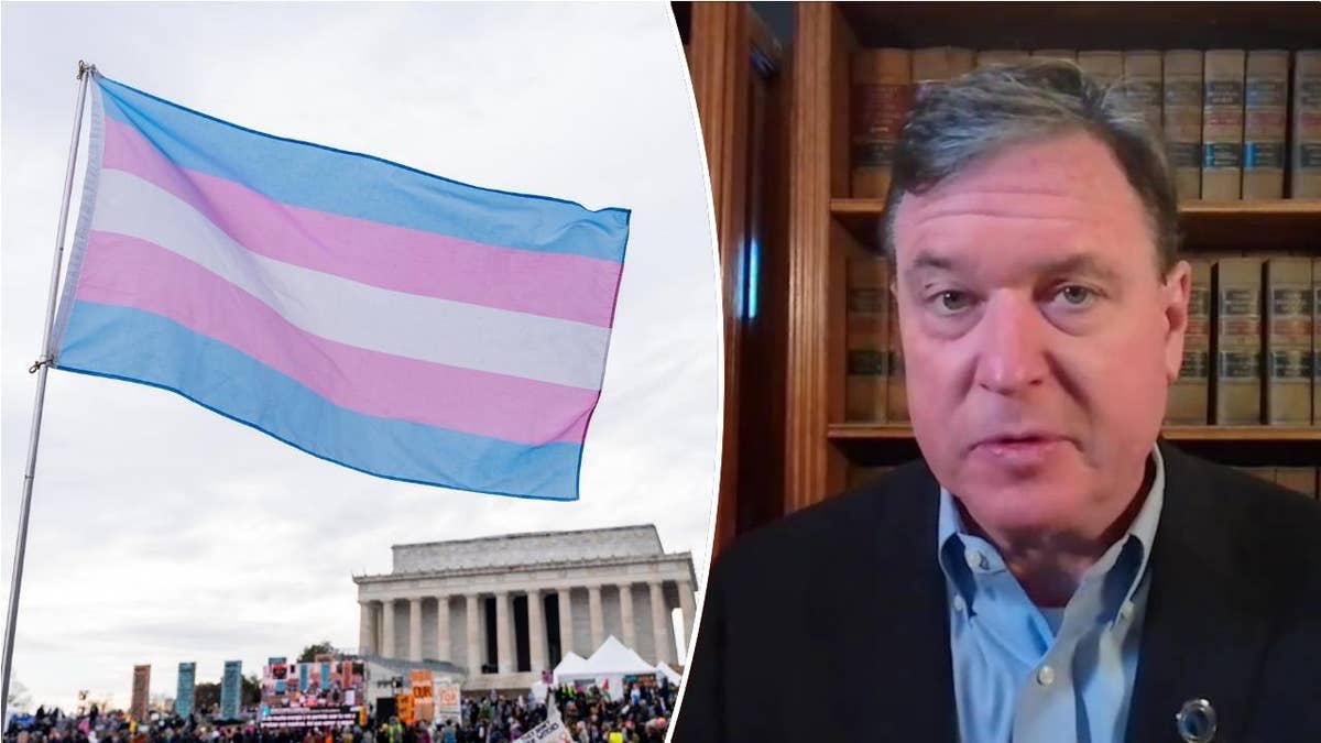 transgender flag, left; Todd Rokita, right