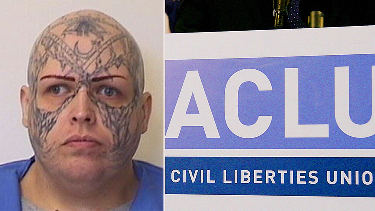 trans inmate, left; ACLU sign at right