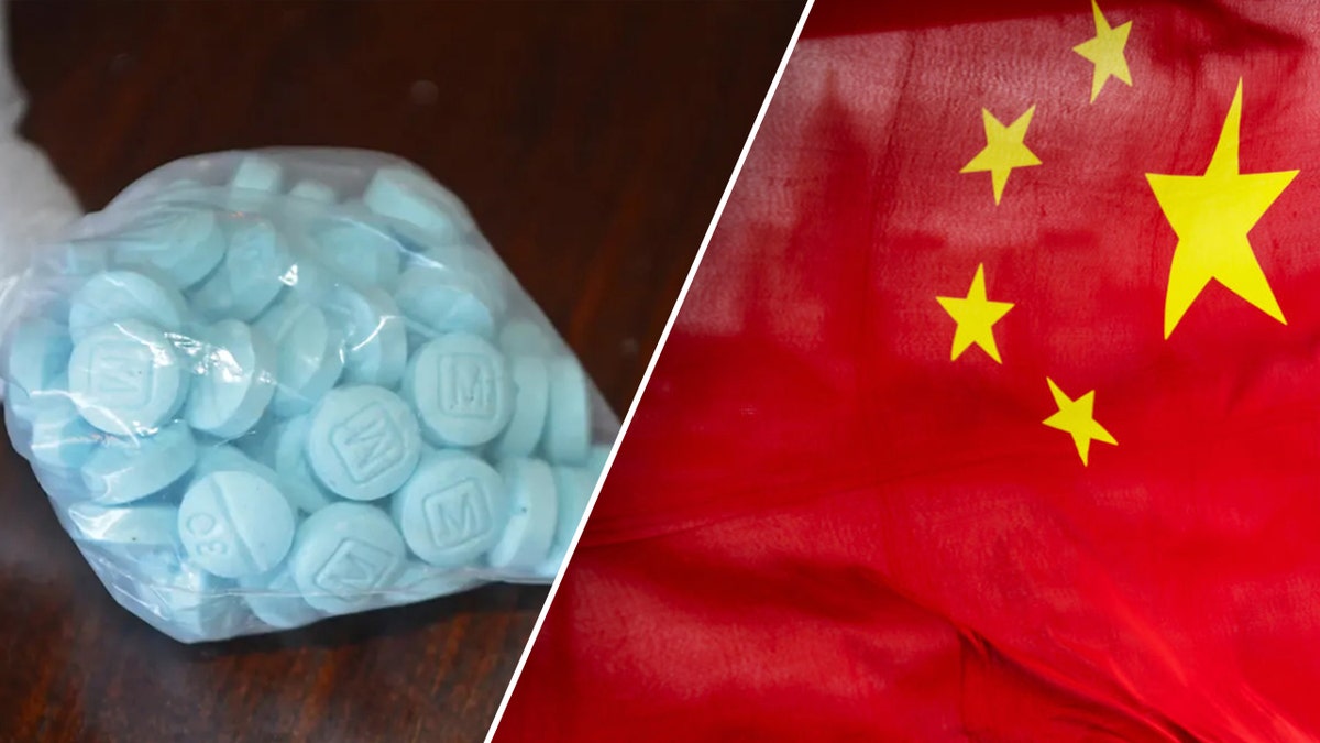 bag of blue opioid pills; Chinese flag photo split