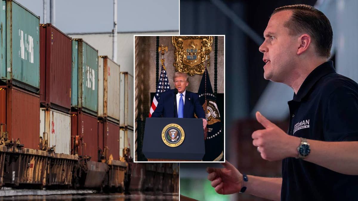 Trump inset; left: shipping containers; right: Ky. AG Russell Coleman