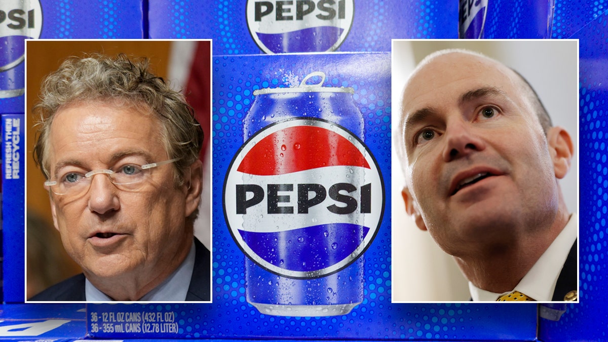 Pepsi logo behind a photo of Sen. Rand Paul (left) and a photo of Sen. Mike Lee (right)