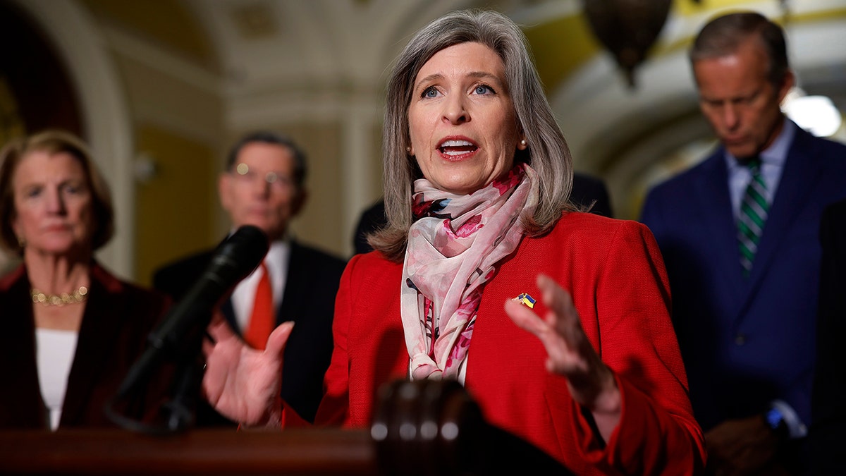 Joni Ernst talks to reporters at the Capitol 